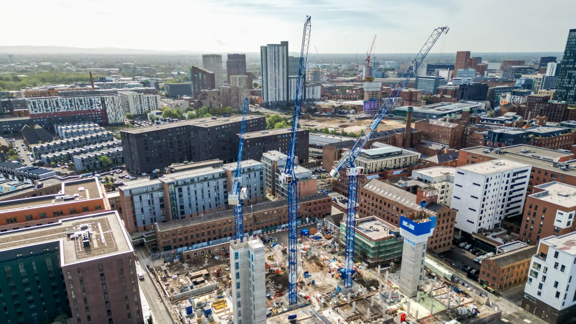Three WOLFF 166 B tower cranes are supporting construction at Phoenix Iron Works in Ancoats, Manchester, UK